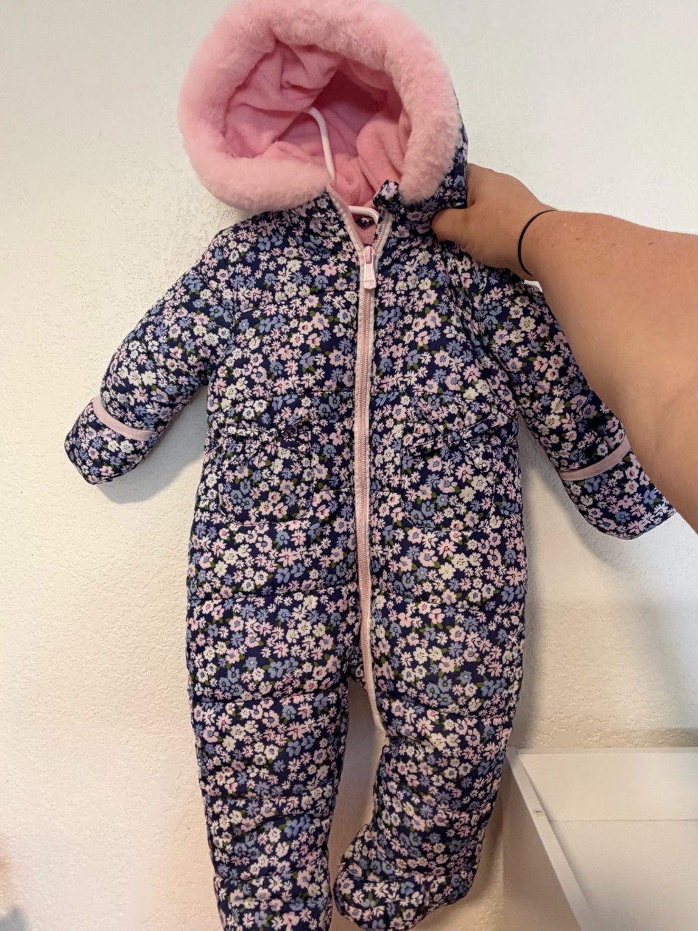 Kensie Girl Quilted Polar Fleece Lined Snowsuit Pink Navy Floral Size 6-9 Months